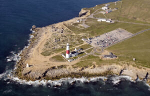 Aerila view Portland Bill and starting point of Portland Spies walk and cycle route.